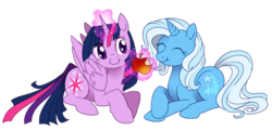 Size: 700x338 | Tagged: safe, artist:shinepawpony, trixie, twilight sparkle, alicorn, pony, g4, apple, female, lesbian, mare, ship:twixie, shipping, twilight sparkle (alicorn)