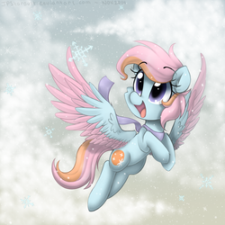 Size: 2300x2300 | Tagged: safe, artist:meotashie, oc, oc only, oc:shimmersnow, pegasus, pony, cloud, female, flying, high res, open mouth, solo