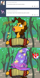 Size: 1280x2456 | Tagged: safe, artist:grandpalove, cheese sandwich, ask trixie and cheese, g4, accordion, comic, magic, musical instrument, telekinesis, trixie's hat, tumblr