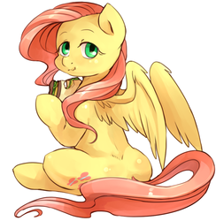 Size: 815x834 | Tagged: safe, artist:audrarius, fluttershy, pegasus, pony, g4, eating, female, looking at you, looking back, looking back at you, mare, sandwich, shiny butt, simple background, sitting, solo, white background