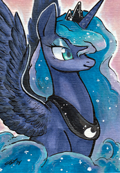 Size: 500x720 | Tagged: safe, artist:yardsalecouch, princess luna, g4, aceo, art card, bust, colored pupils, female, markers, portrait, smiling, solo, spread wings, traditional art