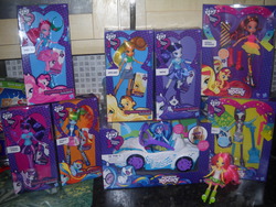 Size: 3648x2736 | Tagged: safe, applejack, dj pon-3, fluttershy, pinkie pie, rainbow dash, rarity, sunset shimmer, twilight sparkle, vinyl scratch, pony, equestria girls, g4, my little pony equestria girls: rainbow rocks, balloon, bassmobile, boots, car, clothes, doll, glasses, high heel boots, high res, irl, jewelry, merchandise, photo, ponied up, purse, skirt, socks, twilight sparkle (alicorn), wings