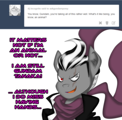 Size: 1696x1672 | Tagged: safe, artist:fourze-pony, pony, ask, clothes, crossover, danganronpa, danganronpa 2, fourze-pony, gundham tanaka, male, ponified, scarf, solo, stallion, tumblr, tumblr comic, video game