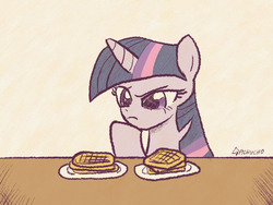 Size: 800x600 | Tagged: safe, artist:gachucho, twilight sparkle, g4, female, food, plate, pondering, pun, solo, table, thinking, traditional art, visual pun, waffle