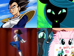 Size: 1297x978 | Tagged: safe, queen chrysalis, oc, oc:fluffle puff, g4, comparison, dragon ball, dragon ball z, vegeta