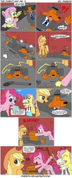 Size: 1015x2500 | Tagged: safe, artist:pheeph, applejack, fluttershy, pinkie pie, g4, barrel, comic, crossover, gun, lasso, sam and max, the direct way