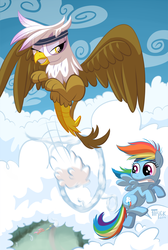 Size: 805x1200 | Tagged: safe, artist:1trick, gilda, rainbow dash, griffon, g4, flying, junior speedsters, younger