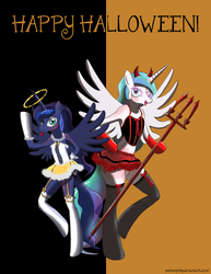 Size: 2550x3300 | Tagged: safe, artist:peichenphilip, princess celestia, princess luna, angel, devil, pony, semi-anthro, g4, arm hooves, bipedal, clothes, halloween, high res, nightmare night, socks, stockings, trident