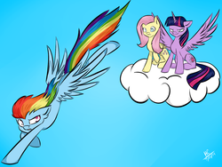 Size: 1600x1200 | Tagged: safe, artist:hayley1432, fluttershy, rainbow dash, twilight sparkle, alicorn, pony, g4, cloud, female, flying, mare, twilight sparkle (alicorn)