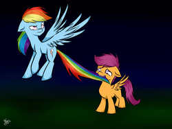 Size: 1600x1200 | Tagged: safe, artist:hayley1432, rainbow dash, scootaloo, g4, grass, night, sky, tail pull