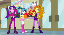 Size: 750x418 | Tagged: safe, edit, edited screencap, screencap, adagio dazzle, aria blaze, sonata dusk, sunset shimmer, equestria girls, g4, my little pony equestria girls: rainbow rocks, spear (move), the dazzlings