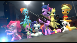 Size: 1920x1080 | Tagged: dead source, safe, artist:dakkiller, angel bunny, applejack, fluttershy, pinkie pie, rainbow dash, rarity, spike, twilight sparkle, dragon, pony, g4, 3d, female, gmod, gun, male, mane seven, mane six, mare