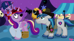 Size: 1280x717 | Tagged: safe, artist:kuromi, princess cadance, shining armor, twilight sparkle, zombie, g4, clothes, costume, eyepatch, nightmare night, pirate, rick grimes, teen princess cadance, the walking dead, younger