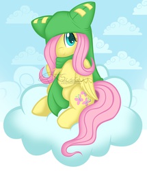 Size: 2888x3360 | Tagged: safe, artist:auveiss, fluttershy, g4, clothes, cloud, cloudy, cute, female, hat, high res, scarf, solo, wakfu