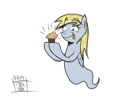 Size: 1337x1059 | Tagged: safe, artist:thethunderpony, derpy hooves, ghost, ghost pony, pegasus, pony, g4, female, happy, mare, muffin, that pony sure does love muffins, tongue out