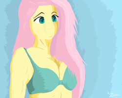 Size: 1500x1200 | Tagged: safe, artist:zikono, fluttershy, anthro, g4, bra, breasts, cleavage, clothes, female, green underwear, solo, underwear