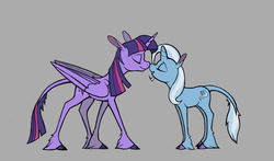 Size: 873x512 | Tagged: safe, artist:enma-darei, trixie, twilight sparkle, alicorn, classical unicorn, pony, unicorn, g4, boop, cloven hooves, female, gray background, height difference, horn, leonine tail, lesbian, noseboop, older, ship:twixie, shipping, simple background, twilight sparkle (alicorn), unshorn fetlocks
