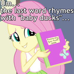 Size: 700x700 | Tagged: safe, edit, edited screencap, screencap, fluttershy, equestria girls, g4, my little pony equestria girls: rainbow rocks, bad fanfic, caption, fanfic, female, meta, notebook, reaction image, solo