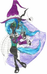Size: 1024x1602 | Tagged: safe, artist:goremistress, queen chrysalis, changeling, changeling queen, spider, g4, clothes, female, hat, nightmare night, smiling, solo, spider web, traditional art, witch, witch hat