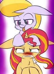 Size: 650x900 | Tagged: safe, artist:heir-of-rick, cloud kicker, sunset shimmer, pony, unicorn, g4, annoyed, blushing, gritted teeth, impossibly large ears, tongue out