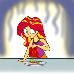 Size: 600x600 | Tagged: safe, artist:heir-of-rick, sunset shimmer, equestria girls, g4, clothes, doritos, female, food, frown, hay, homesick shimmer, pizza, solo, sunset wants her old digestive system back, tank top, wide eyes