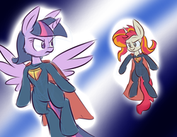 Size: 900x700 | Tagged: safe, artist:heir-of-rick, sunset shimmer, twilight sparkle, alicorn, pony, unicorn, g4, bizarro, cape, clothes, crossover, flying, sketch, superman, supermare, twilight sparkle (alicorn)