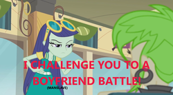 Size: 1225x678 | Tagged: safe, edit, screencap, blueberry cake, cherry crash, equestria girls, g4, my little pony equestria girls: rainbow rocks, background human, battle of the bands, boyfriend battle, image macro, meme