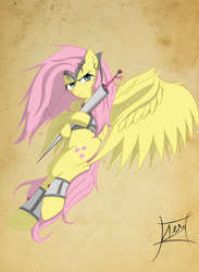 Size: 2200x3000 | Tagged: safe, artist:aerolp, fluttershy, g4, armor, female, flutterbadass, flying, frown, glare, high res, lance, looking at you, solo, spread wings, windswept mane