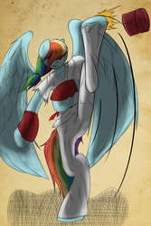 Size: 2000x3000 | Tagged: safe, artist:aerolp, rainbow dash, anthro, g4, female, headband, high res, kicking, solo