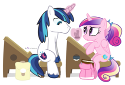 Size: 876x600 | Tagged: safe, artist:dm29, princess cadance, shining armor, g4, bag, classroom, desk, female, male, ship:shiningcadance, shipping, straight, teen princess cadance