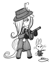 Size: 536x680 | Tagged: safe, artist:bunnimation, angel bunny, fluttershy, g4, eyeshadow, gangster, gun, hair over one eye, sketch, tommy gun