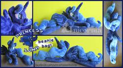 Size: 960x531 | Tagged: safe, artist:unicorniaworkshop, princess luna, g4, beanbag, beanie (plushie), irl, lying down, photo, plushie