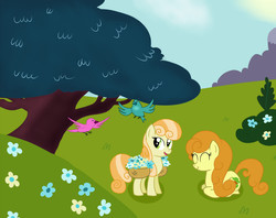 Size: 1080x855 | Tagged: safe, artist:raddishmonster, carrot top, golden harvest, junebug, bird, earth pony, pony, g4, ^^, duo, duo female, eyes closed, female, flower, mare, tree