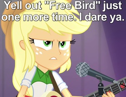 Size: 650x500 | Tagged: safe, applejack, equestria girls, g4, my little pony equestria girls: rainbow rocks, angry, caption, free bird, guitar, lynyrd skynyrd, microphone, rock (music)