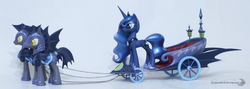 Size: 2559x910 | Tagged: safe, artist:groovebird, echo (g4), nocturn, princess luna, bat pony, pony, g4, chariot, echo and nocturn, irl, luna's chariot, night guard, photo, royal guard, sculpture