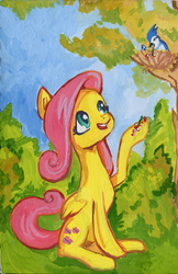 Size: 649x1000 | Tagged: safe, artist:lexx2dot0, fluttershy, bird, g4, cute, feeding, female, gouache, looking up, nest, open mouth, scenery, sitting, smiling, solo, traditional art, tree