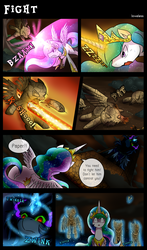 Size: 2000x3402 | Tagged: safe, artist:vavacung, princess celestia, oc, oc:paper mache, comic:to love god - to love mortal, g4, bevor, boots, clothes, colored horn, comic, corrupted, croupiere, crown, curved horn, dark magic, female, high res, horn, jewelry, magic, mare, paper plinth, paper pony, pauldrant, regalia, saddle, shoes, sombra eyes, sombra horn, tack