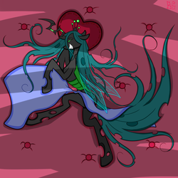 Size: 4096x4096 | Tagged: safe, artist:briarspark, queen chrysalis, changeling, changeling queen, g4, absurd resolution, bed, bedroom eyes, female, grin, heart, heart pillow, looking at you, on side, pixiv, sheet, solo, stupid sexy chrysalis, sultry pose