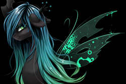 Size: 3000x2000 | Tagged: safe, artist:santagiera, queen chrysalis, changeling, changeling queen, g4, black background, female, floppy ears, high res, looking at you, simple background, smiling, solo