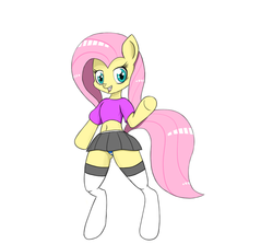 Size: 1000x892 | Tagged: safe, artist:canister, fluttershy, semi-anthro, g4, belly button, clothes, female, midriff, panties, short shirt, skirt, socks, solo, striped underwear, underwear, upskirt