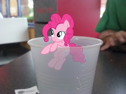 Size: 2592x1944 | Tagged: safe, artist:reginault, artist:tokkazutara1164, pinkie pie, human, pony, g4, burger king, cup, cup of pony, irl, micro, packet, pepper, photo, ponies in real life, restaurant, solo, table, vector, water