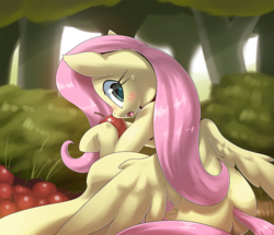 Size: 1000x860 | Tagged: safe, artist:oze, fluttershy, pegasus, pony, g4, apple, blushing, butt, female, looking at you, looking back, mare, open mouth, plot, solo, sweat