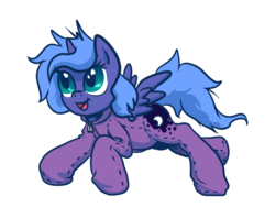 Size: 837x628 | Tagged: safe, artist:desert-sage, princess luna, g4, clothes, female, filly, footed sleeper, open mouth, pajamas, simple background, smiling, solo, spread wings, transparent background, woona