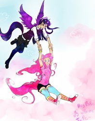 Size: 1440x1832 | Tagged: safe, artist:prodigymysoul, pinkie pie, twilight sparkle, human, g4, converse, eared humanization, female, horn, horned humanization, humanized, lesbian, ship:twinkie, shipping, tailed humanization, twilight sparkle (alicorn), winged humanization