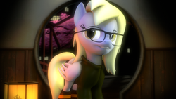 Size: 1920x1080 | Tagged: safe, artist:doritos-pope, derpy hooves, pegasus, pony, g4, 3d, adorkable, alternate hairstyle, city, clothes, cute, dork, female, glasses, hoodie, japan, mare, night, socks, source filmmaker