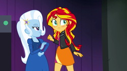 Size: 1280x720 | Tagged: safe, screencap, sunset shimmer, trixie, equestria girls, g4, my little pony equestria girls: rainbow rocks, out of context