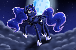 Size: 3000x2000 | Tagged: safe, artist:artyjoyful, princess luna, alicorn, pony, g4, cloud, cloudy, female, high res, looking up, moon, night, raised hoof, smiling, solo
