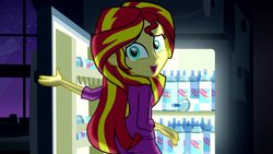 Size: 1280x720 | Tagged: safe, screencap, sunset shimmer, equestria girls, g4, my little pony equestria girls: rainbow rocks, cute, female, food, refrigerator, shimmerbetes, solo, whipped cream