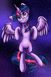 Size: 3000x4500 | Tagged: safe, artist:artyjoyful, twilight sparkle, alicorn, pony, g4, both cutie marks, female, mare, smiling, solo, space, spread wings, twilight sparkle (alicorn)