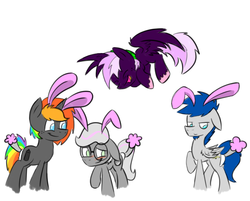 Size: 2265x1817 | Tagged: safe, artist:avizo-23, oc, oc only, oc:jannie daze, oc:krylone, oc:wingedthoughts, oc:wisteria, earth pony, pegasus, pony, unicorn, ashamed, bunny ears, bunny tail, doubt, flying, happy, jannielone, laughing